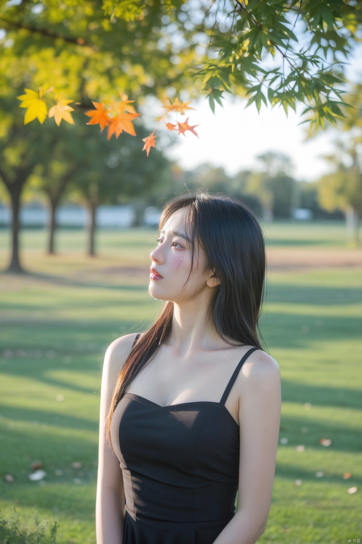 realism, This is a vivid photo, 1girl, Asian, exhausted, sad, tear, crying with eyes open, solo, upper body, black hair, dress, deep shadow, reflection light, depth of field, Outdoors, trees, The leaves are dancing all over the sky, Fallen leaves, grass and flowers, 
Strong sunlight, perfect light and shadow, (chiaroscuro,Fujicolor, UHD, super detail ,raw,85mm,f/1.2,FujifilmXT4), 