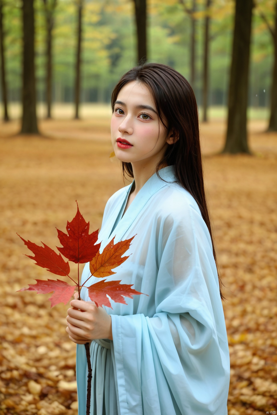 score_9, score_8_up, score_7_up, realism, A young and cute Asian little girl with black long straight hair in dark red Hanfu in a maple forest, Holding a calabash, (It was raining heavily, Get wet through), huge red maple trees, red maple leaves, Falling maple leaves, Haze, dreamy scenes, masterpiece, best quality, high-resolution image, perfect light and shadow, Professional Photography, 8K ultra-high res, film photography, film particles, Film Grain, HDR, 