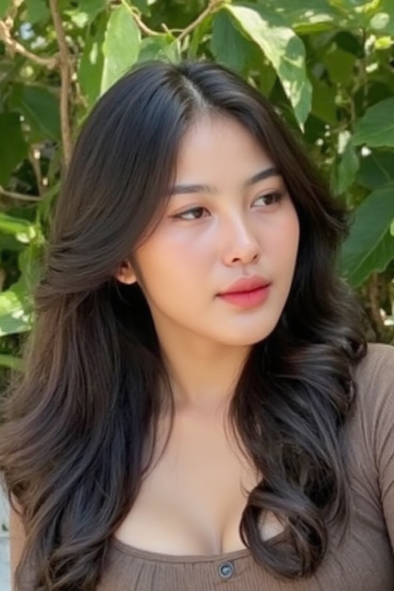 A serene Korean woman sits majestically against a backdrop of lush greenery,  her porcelain complexion glowing softly in t...