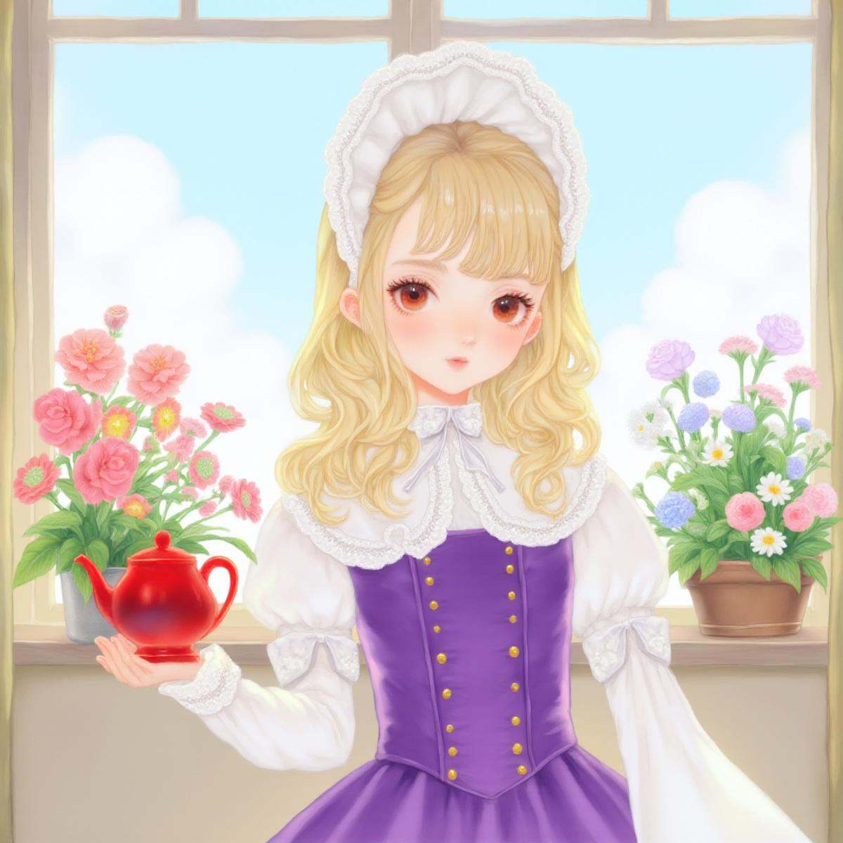 illustration in yogisya style, The image is a digital illustration of a young girl with blonde hair and red eyes. She is wearing a purple corset with gold buttons and a white bonnet on her head. The bonnet is tied in a bow at the top and has a small bow on the side. The girl is holding a red teapot in her right hand and is standing in front of a window with a view of a garden with colorful flowers and plants. The background is a light blue sky with white clouds. The overall mood of the image is peaceful and serene, <lora:yogisya:1>