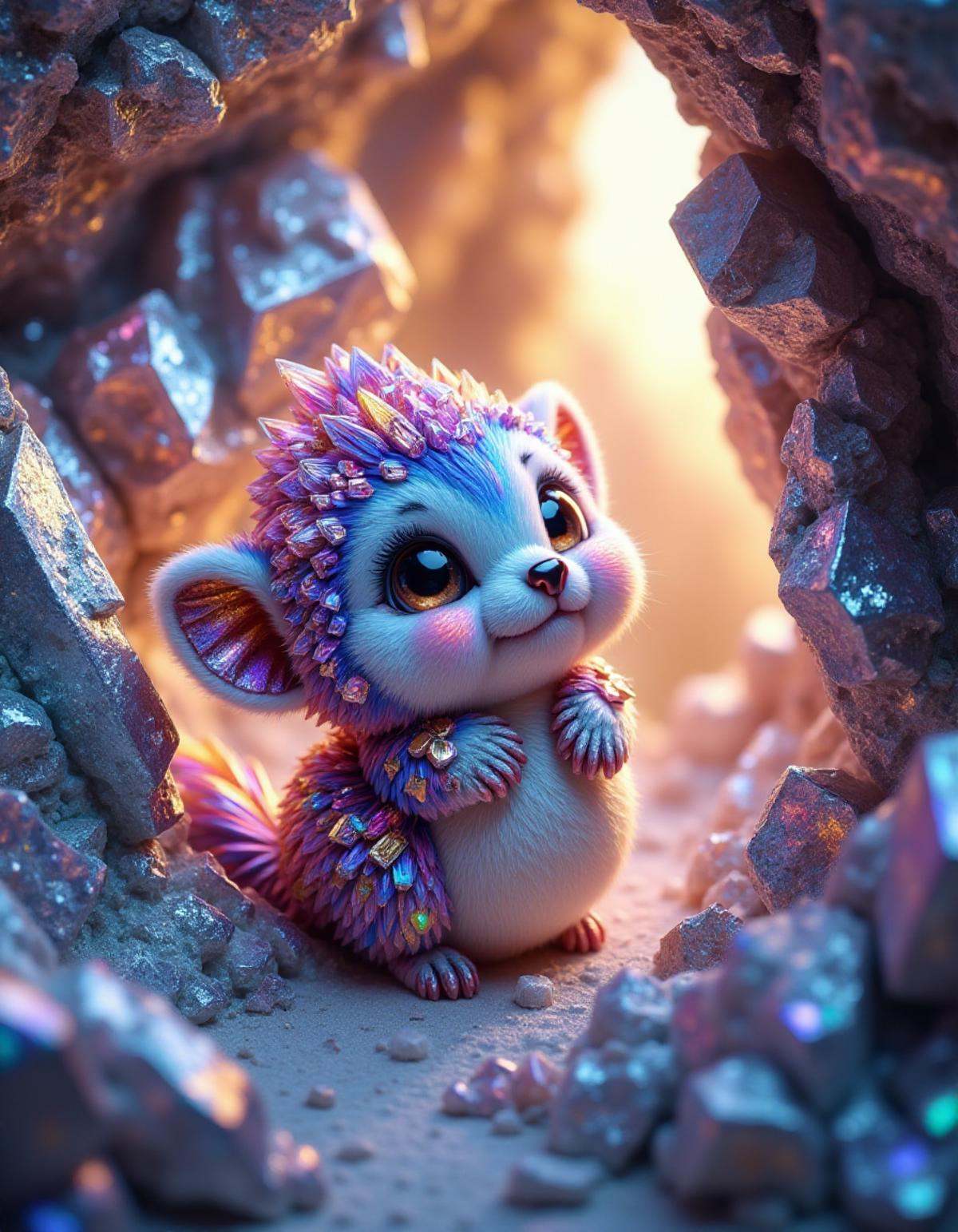 a small fat fluffy creature made of bism2 gem, whose fur is decorated with small polished crystals, which looks out curiously between two huge crystals, it holds on to the large crystals and leans forward slightly to take a close look at its surroundings, it is super cute and fluffy and looks at the viewer with big sparkling eyes, it's super cute how it looks up from the bottom, the scene takes place in a crystal cave, the walls are decorated with unpolished shiny crystals that reflect the light in the cave and everything on illuminate a harmonious and peaceful way, <lora:bism2:1>