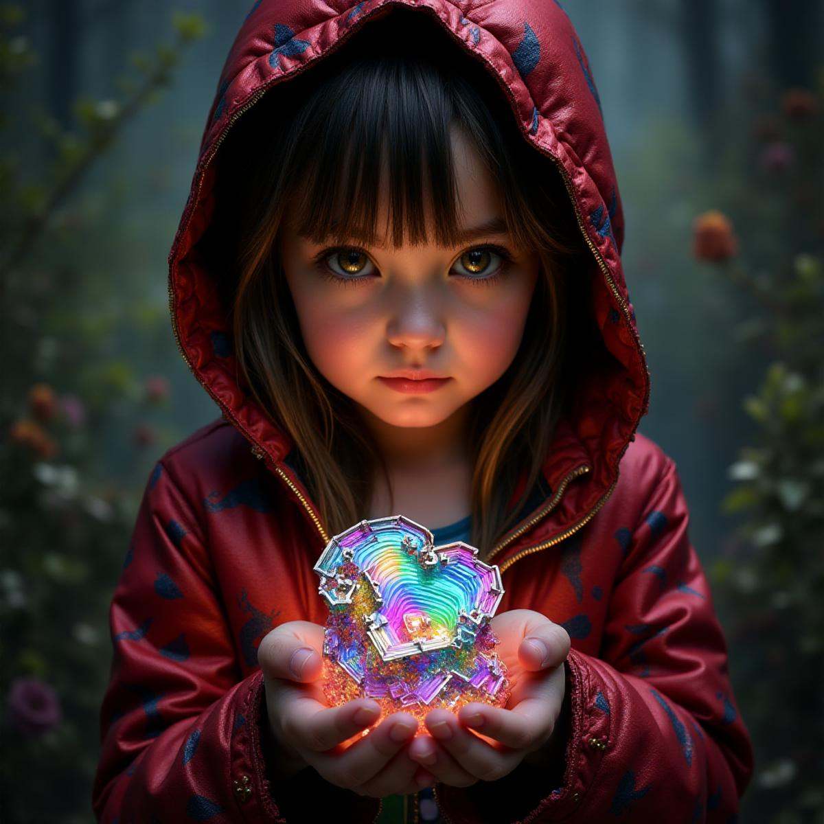 A girl holding bism2 gem in his hards, <lora:bism2:1>
