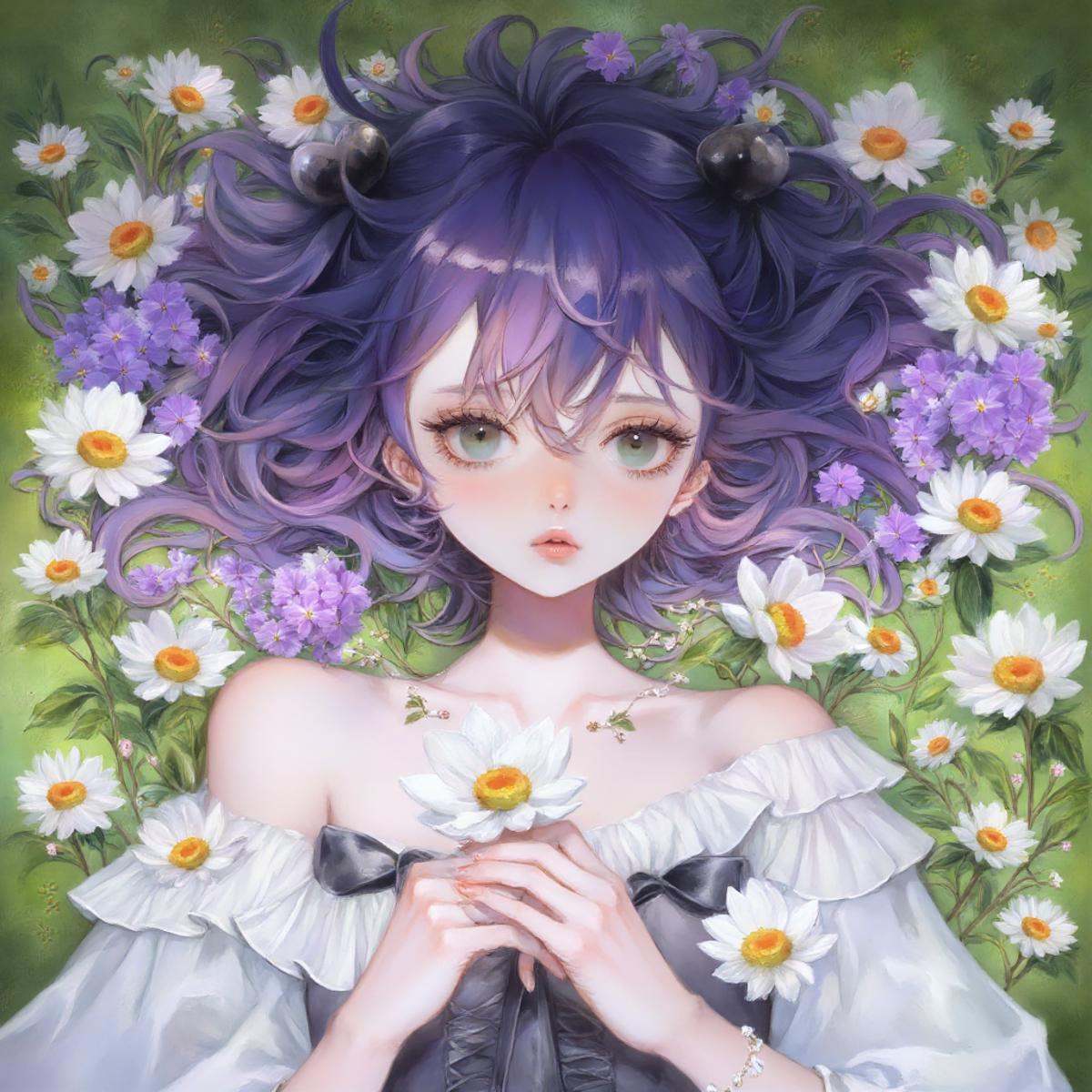 illustration in yogisya style, a woman with purple and black hair, laying on the grass, she has alot of flowers around, she is looking at the camera with sad big eyes, she is holding a white flower in his hands,  <lora:yogisya_x:1>