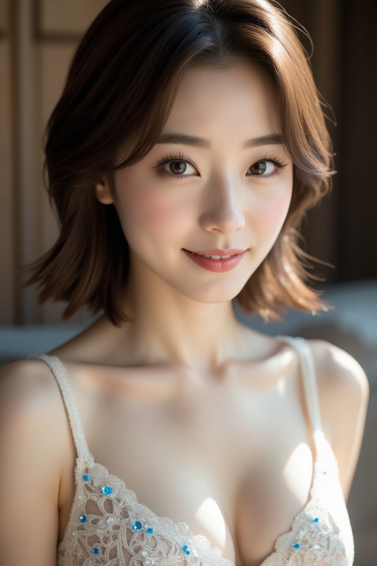A captivating upper-body portrait of a 22-year-old Korean woman with medium-short brown hair,  double eyelids,  and glossy...
