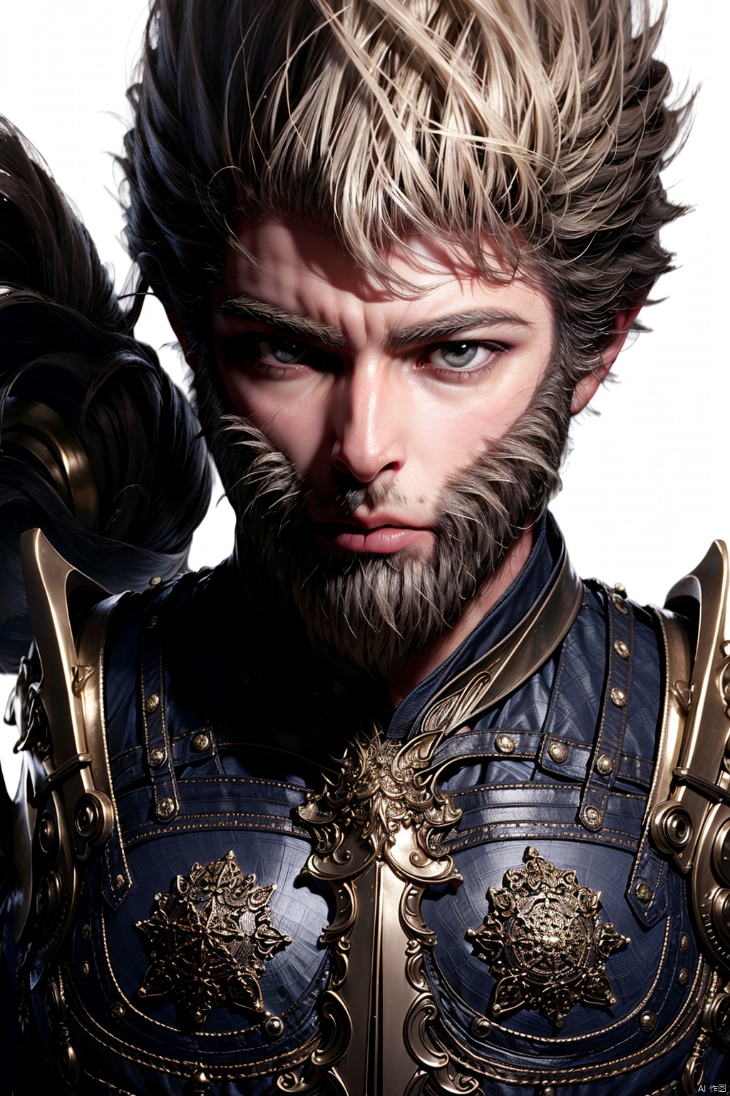 solo, simple background, 1boy, white background, closed mouth, upper body, male focus, armor, facial hair, shoulder armor, beard
