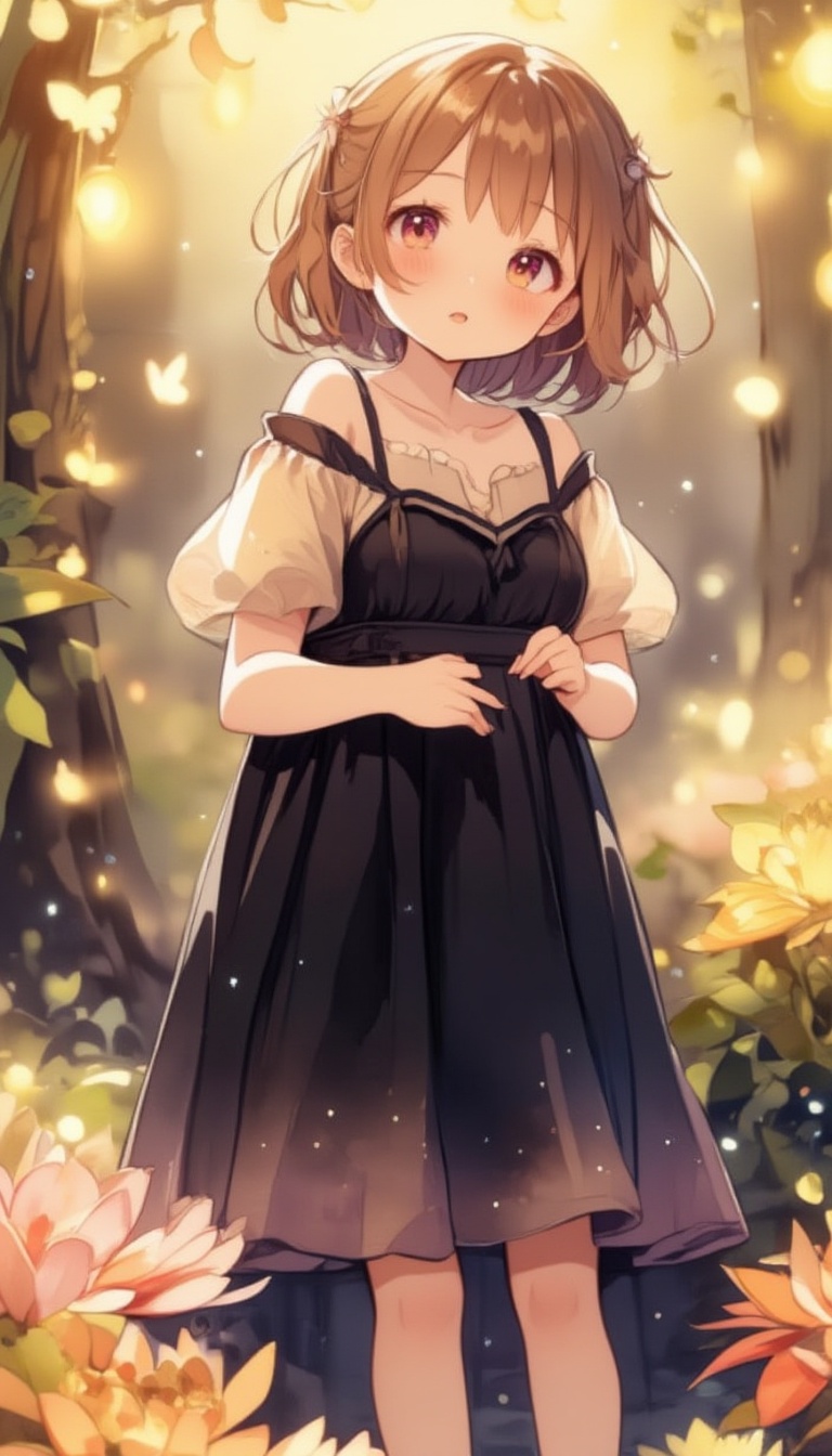 A whimsical princess,  radiating an air of innocence and charm,  stands amidst a vibrant flower garden bathed in warm suns...