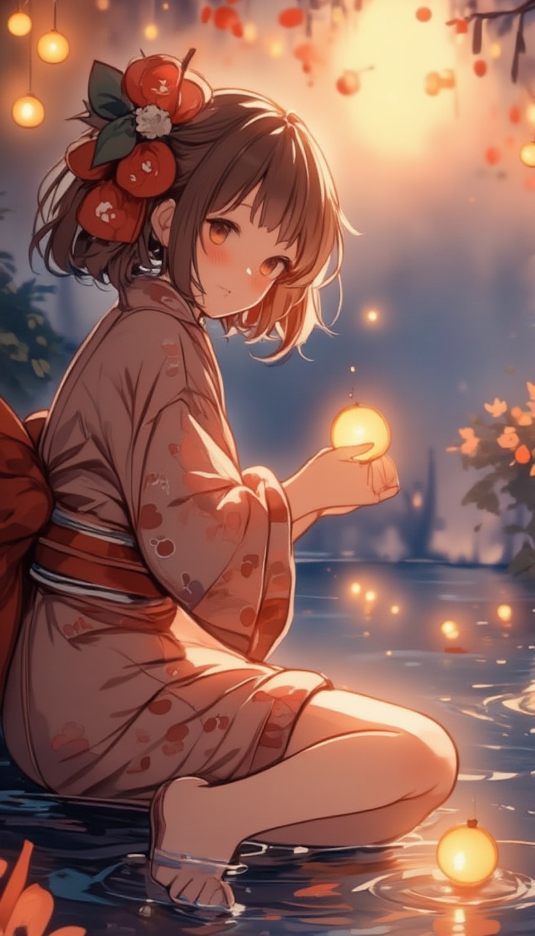 A serene moment captured: a young woman in traditional kimono kneels on a tranquil riverbank,  her hands releasing a Toro...