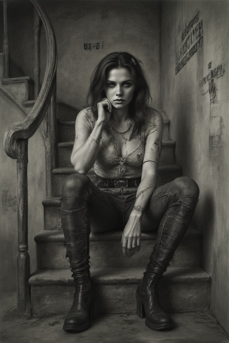 charocalflux style,  a rebellious brunette woman sitting on an ancient staircase,  her intense expressions and fine detail...