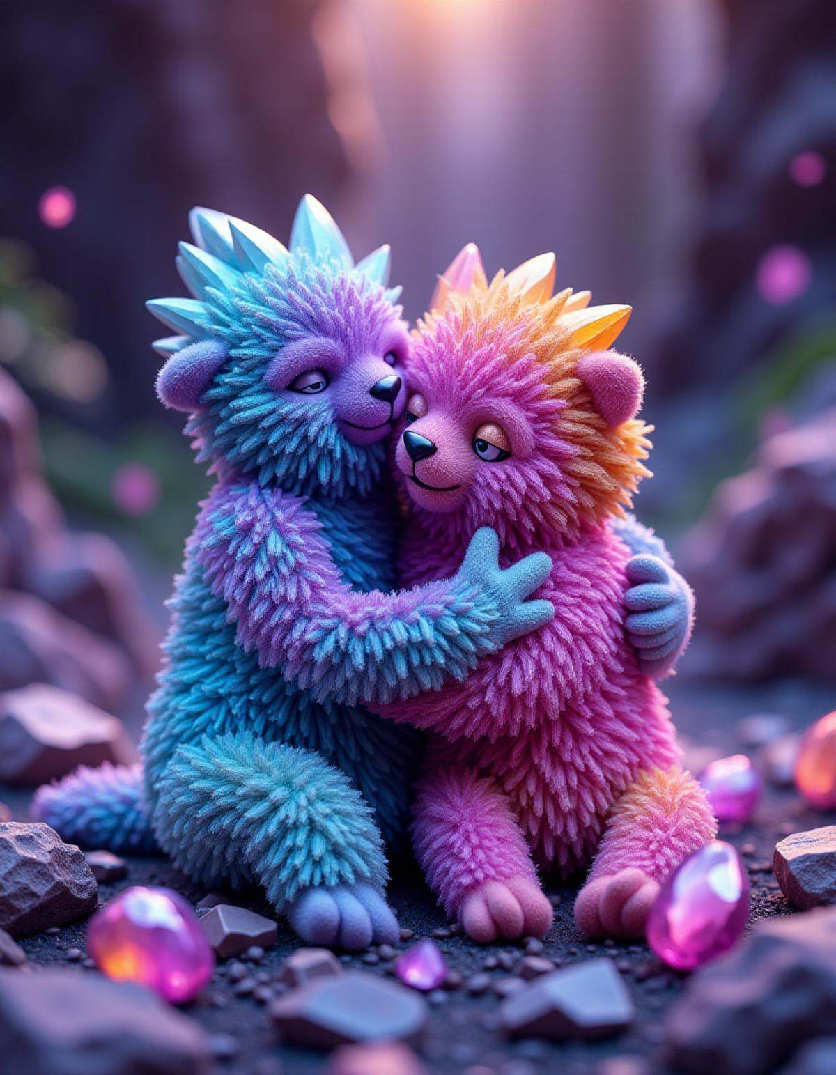 People made of crystals hugging, in the bism2 style  <lora:bism2:1>