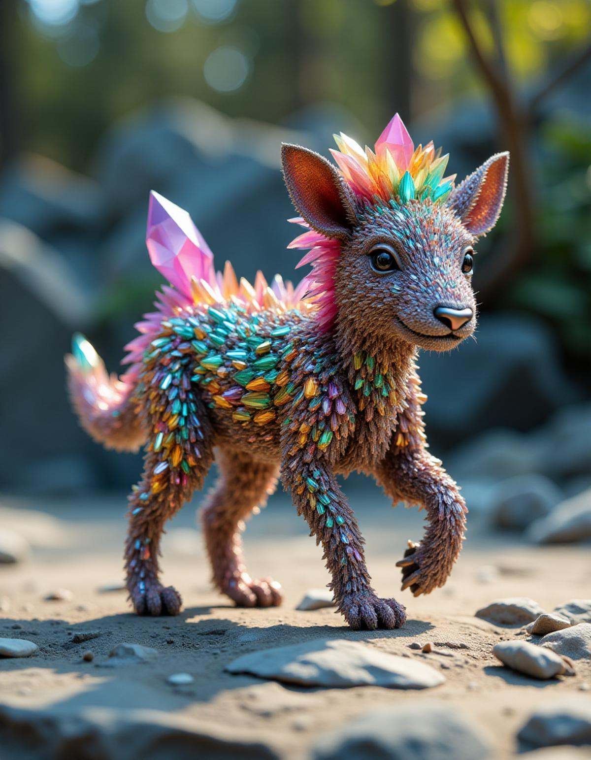 Animals made of crystals walking, in the bism2 style  <lora:bism2:1>