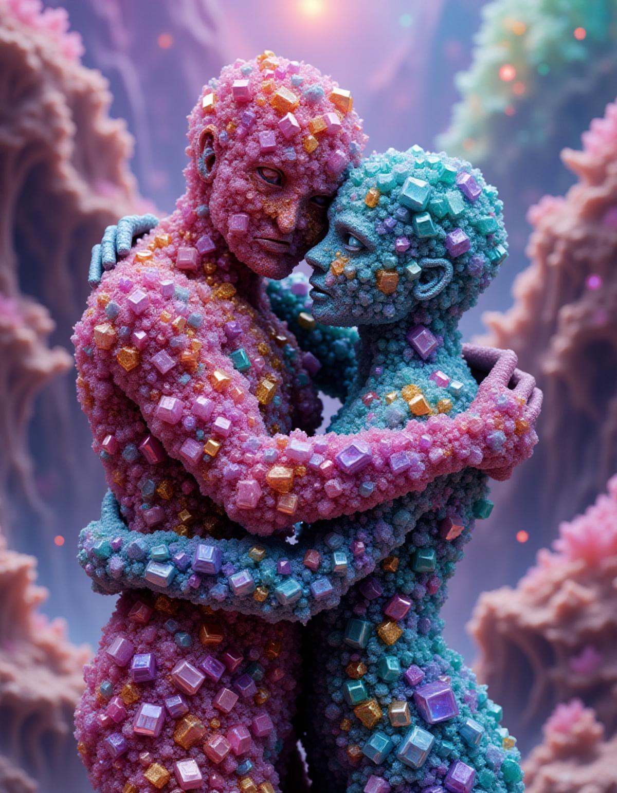People made of crystals hugging, in the bism2 style  <lora:bism2:1>