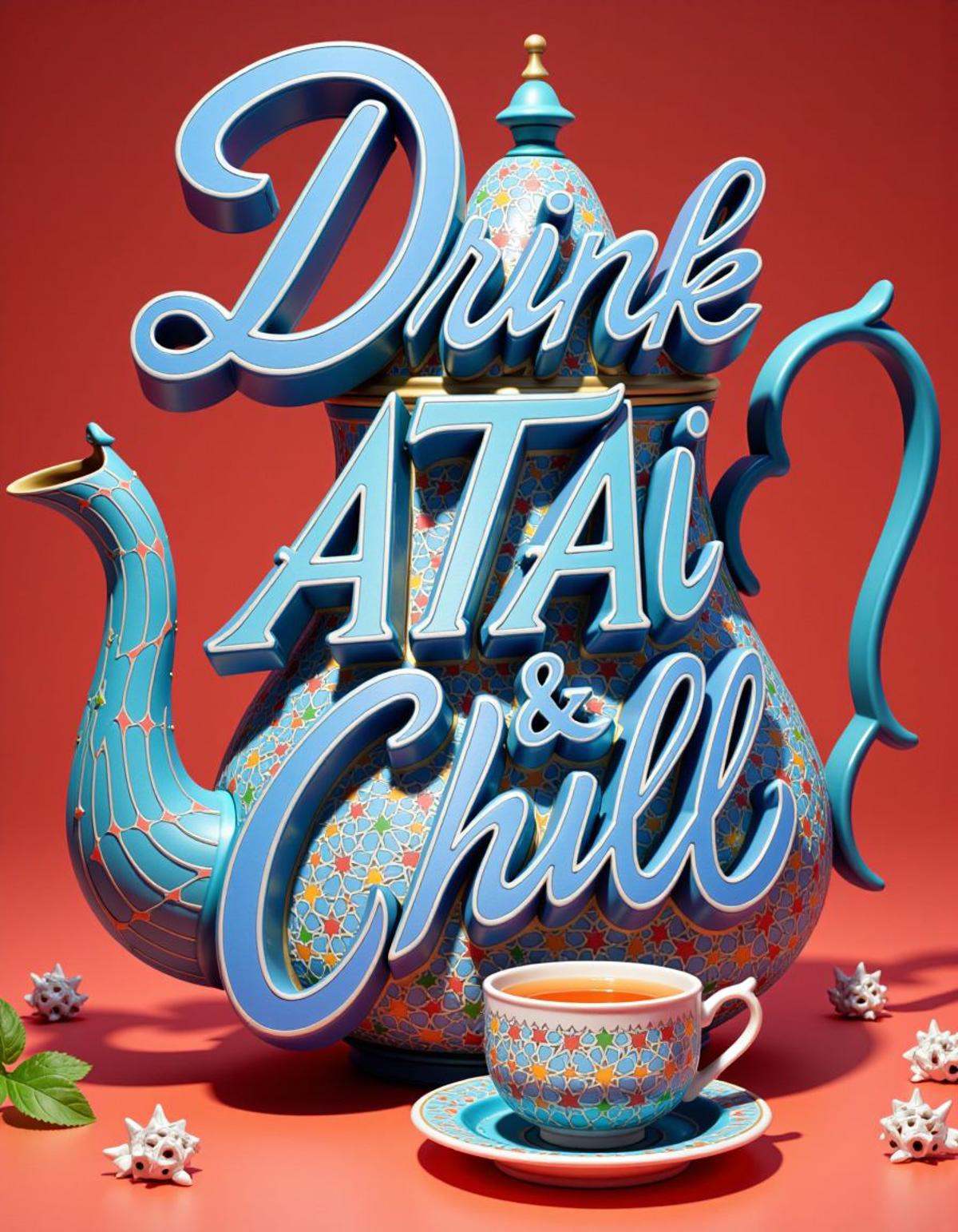 A title text saying "Drink ATAI & Chill" 3d text made of adrr-zllj ,  a ,  hyperdetailed on Tensor.Art