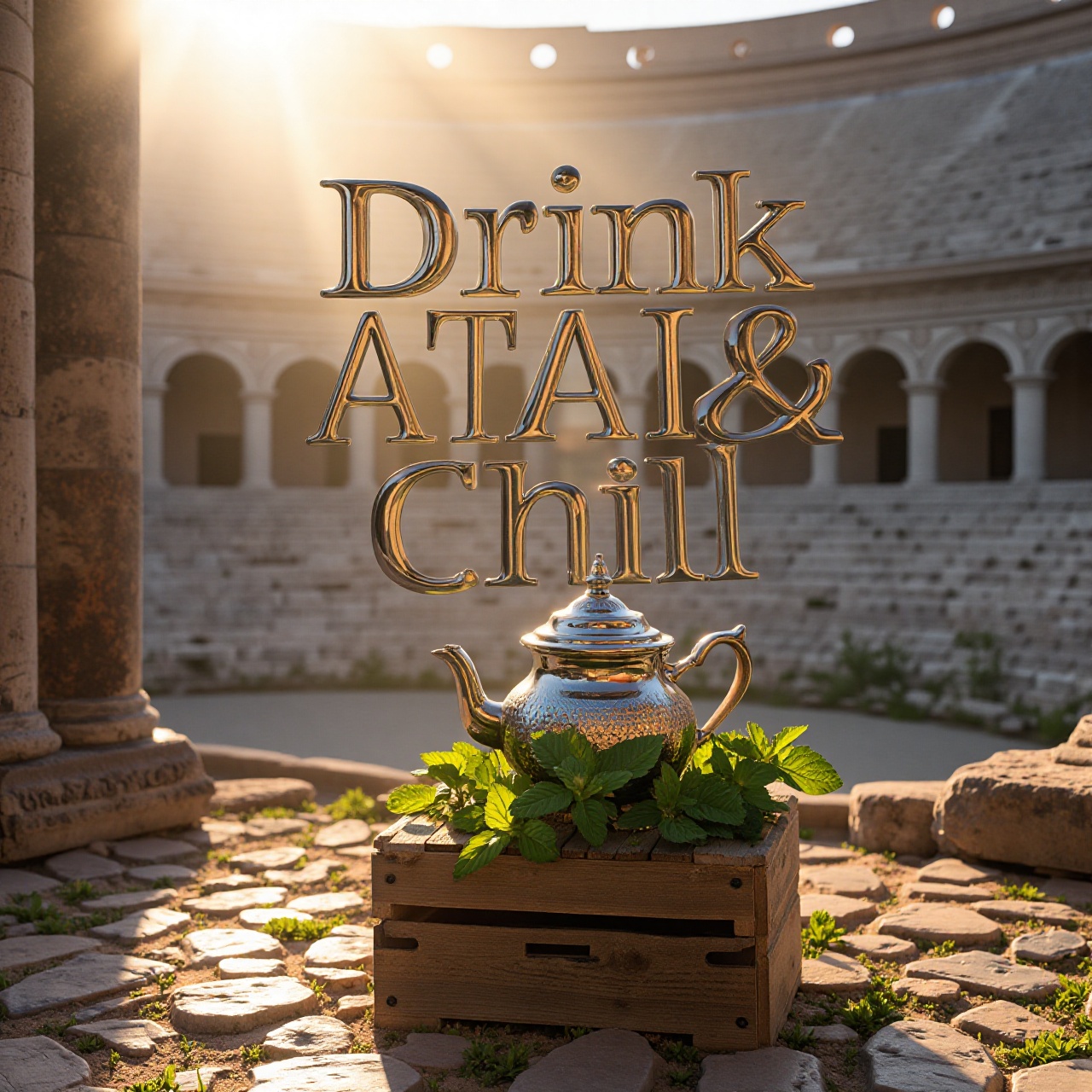 A striking 3D typographic composition features the bold,  metallic phrase "Drink ATAI & Chill" floating elegantly above a...
