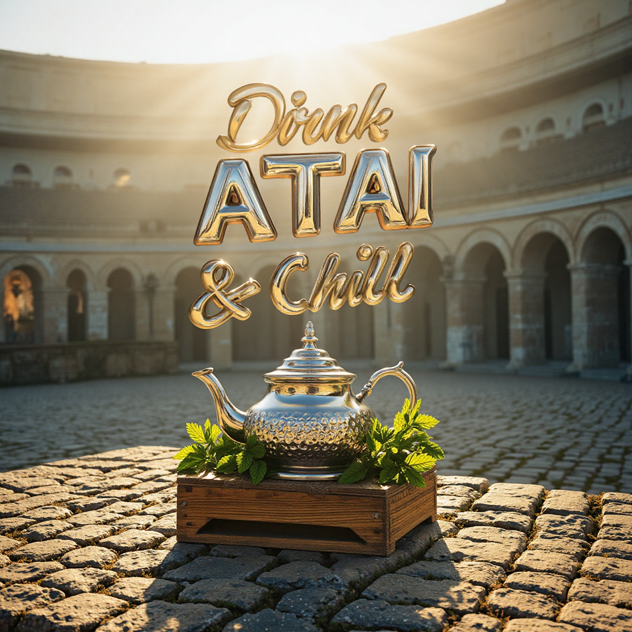 A striking 3D typographic composition features the bold,  metallic phrase "Drink ATAI & Chill" floating elegantly above a...