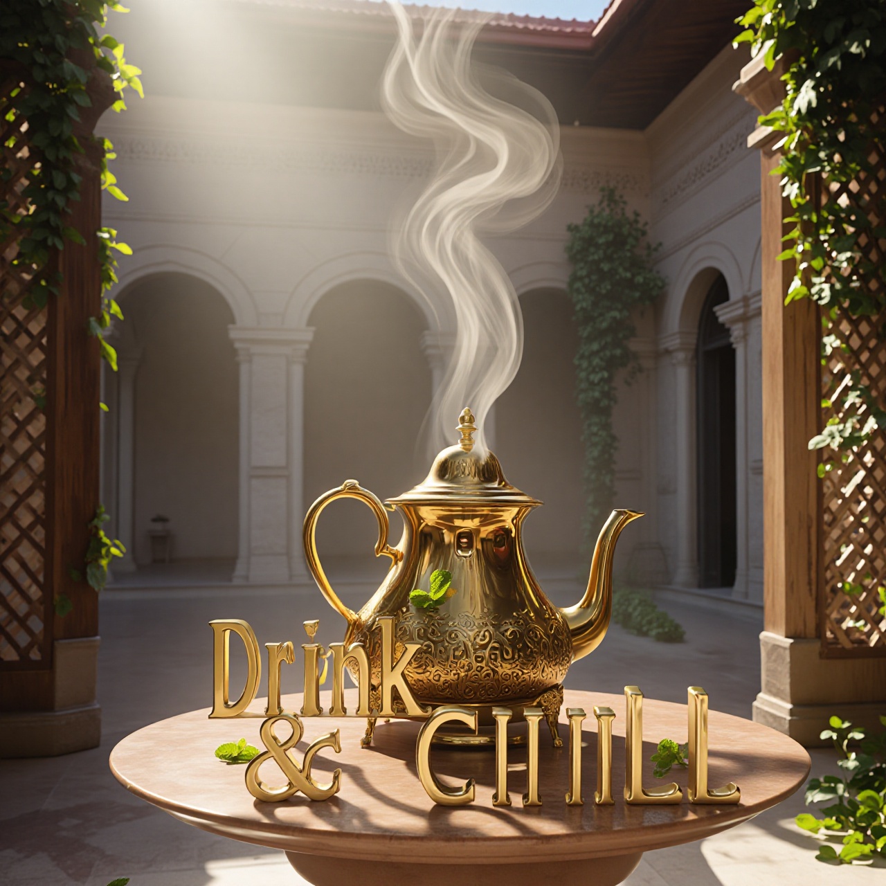 Elegant,  serif-style 3D typography reading "Drink ATAI & Chill" rests gracefully on a marble-topped pedestal,  its surfac...