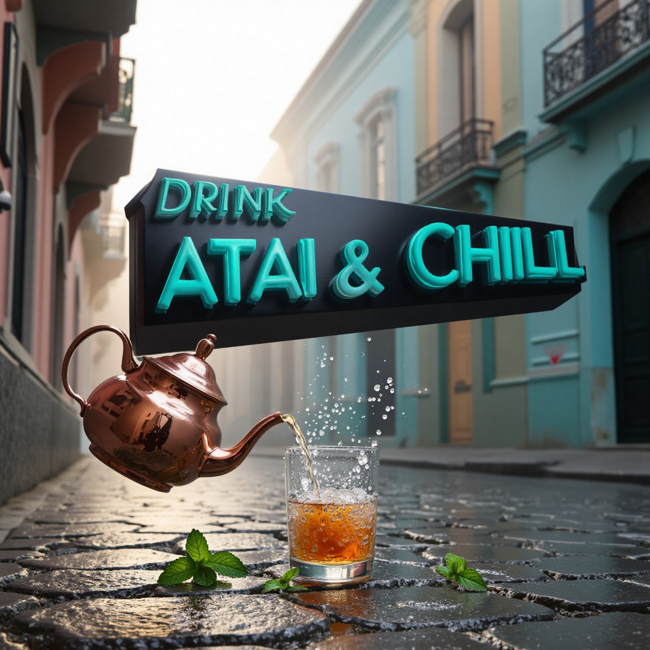 Bold,  angular 3D typography declaring "Drink ATAI & Chill" hovers dynamically in the foreground,  its surface rendered in...