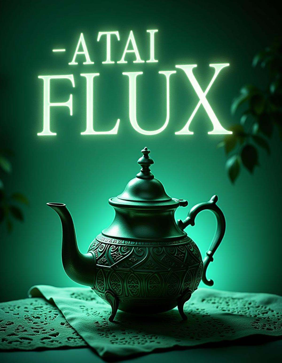 A title text saying "ATAI FLUX" 3d text,  a teapot,  pleasant Female Angel on Tensor.Art