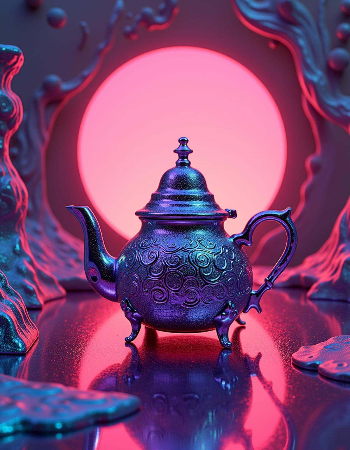 teapot,  landscape of a Hideous Basic [Fontaine:Thousand Needles:1] from inside of a Cybernetic utopia,  Synthwave Art on...