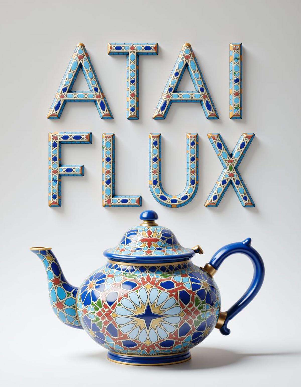 A title text saying "ATAI FLUX" 3d text made of adrr-zllj ,  a teapot,  Blue-Winged Warbler on Tensor.Art