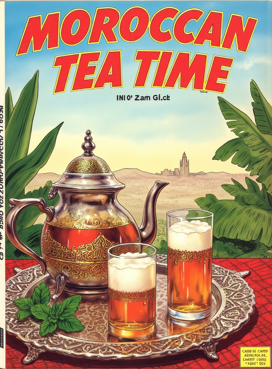 A title text saying "MOROCCAN TEA TIME" 3d text ,  a in a silver plate ornate with intricate berber patterns,  landscape o...