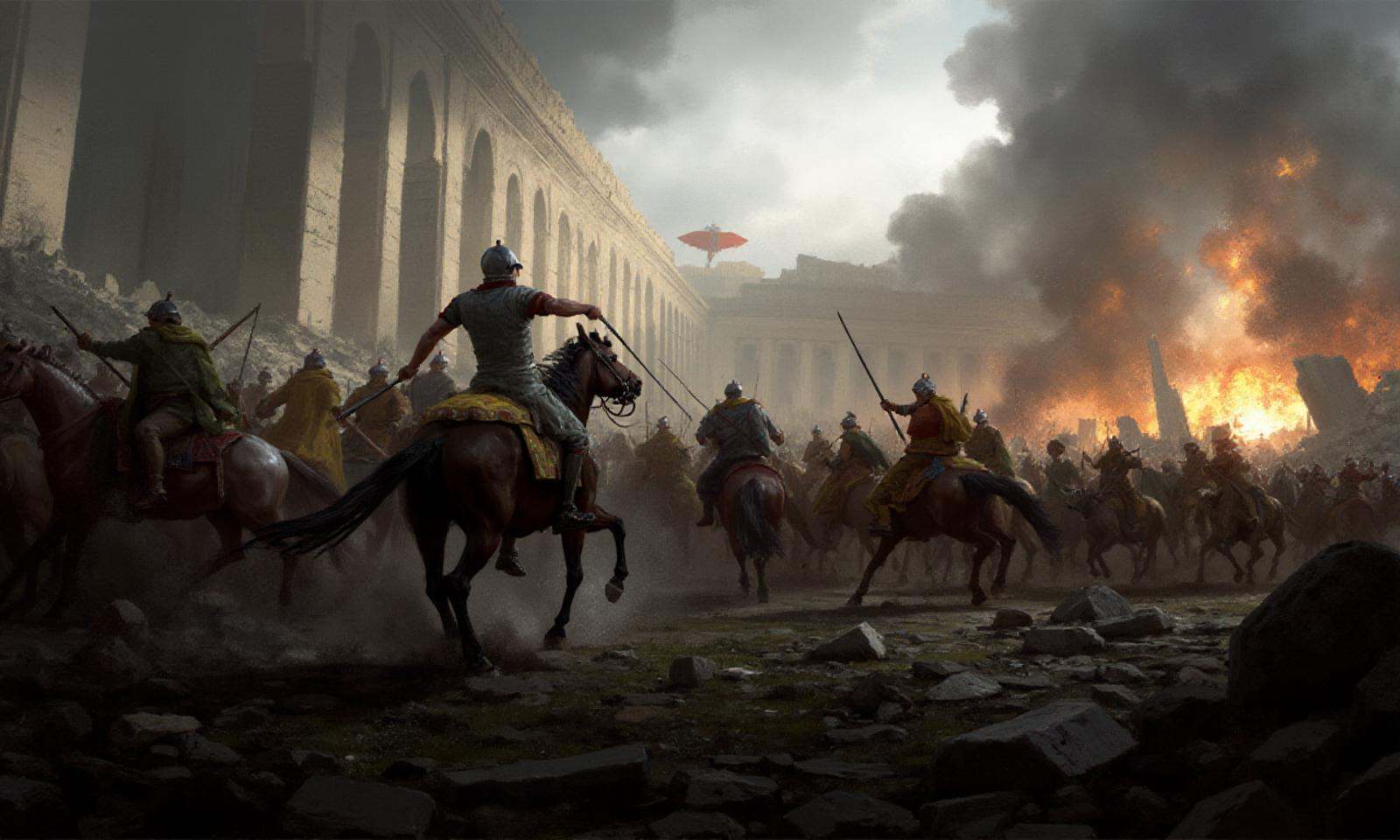 ck3 style,  digital illustration of a battle scene. It shows a group of soldiers on horseback,  engaged in a fierce battle...