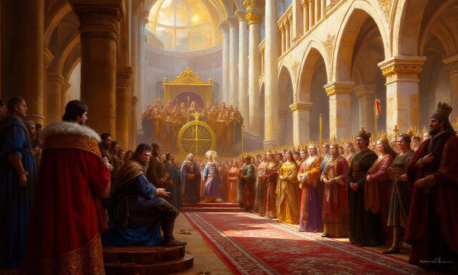 Digital oil paint with lots of impasto in the style of ck3,  A medieval king's coronation in a grand cathedral,  The paint...