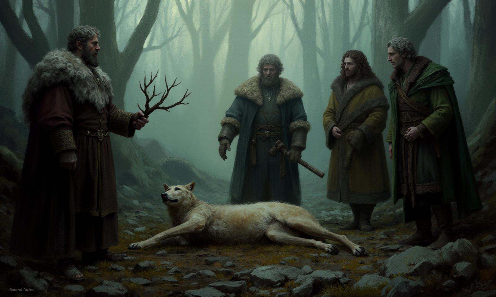 Digital oil paint with lots of impasto in the style of ck3,  depicting four medieval characters in a misty forest. The sce...
