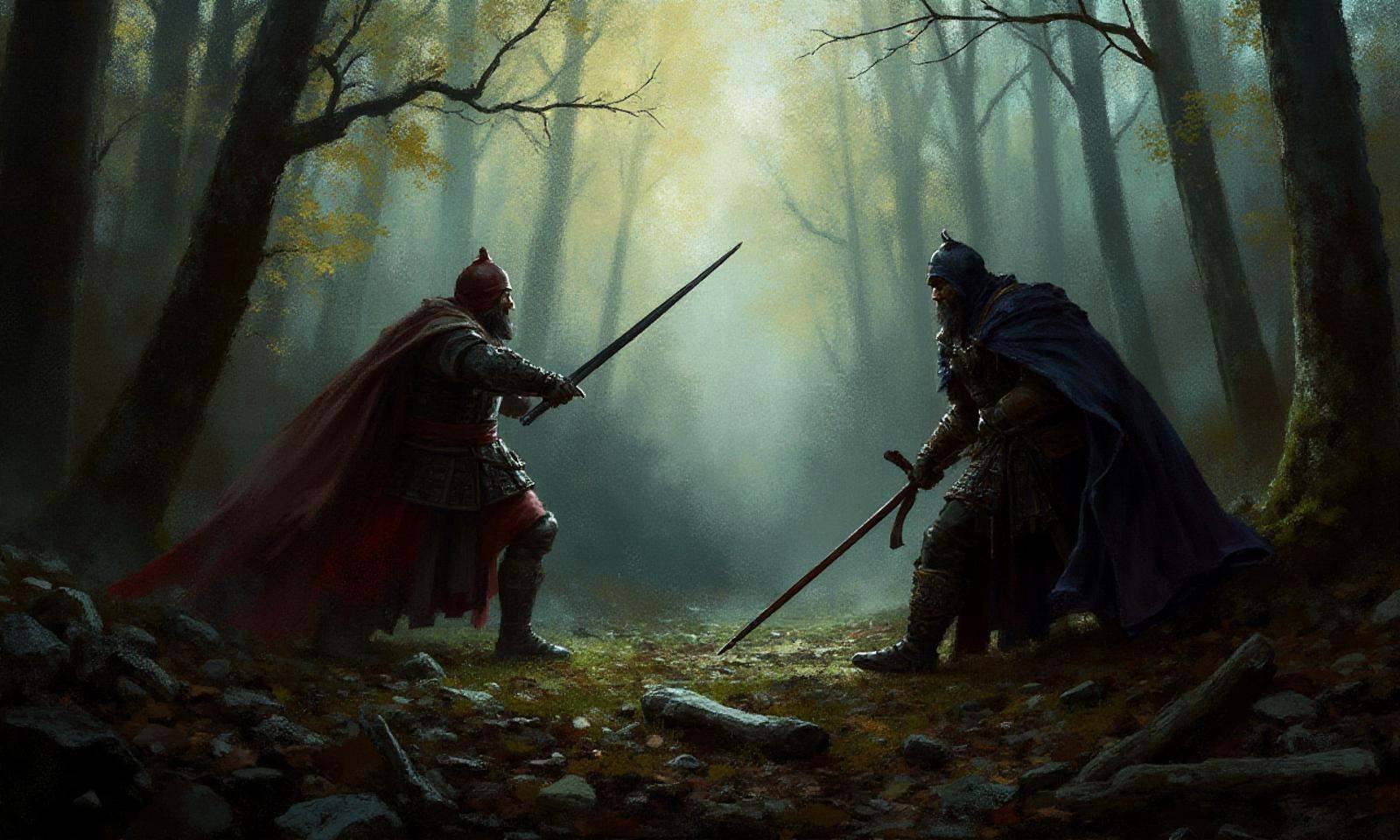 Digital oil paint with lots of impasto in the style of ck3,  Two medieval soldiers fighting in a dark forest,  The paintin...