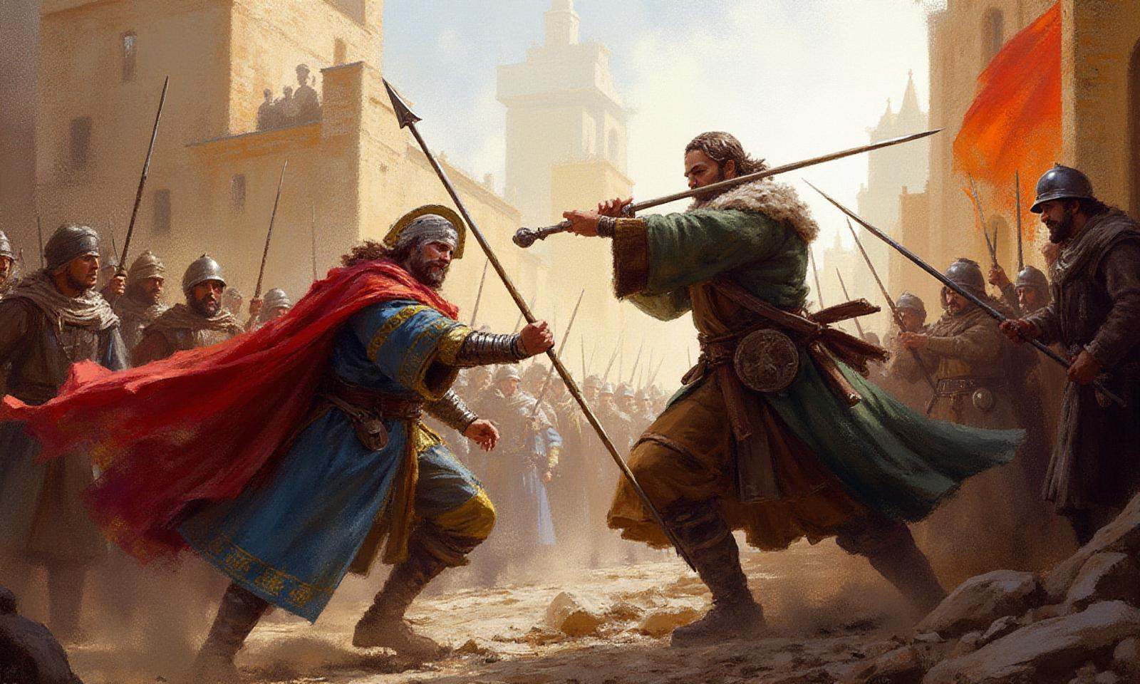 Digital oil paint with lots of impasto in the style of ck3,  Two medieval soldiers fighting in the town,  The painting sty...
