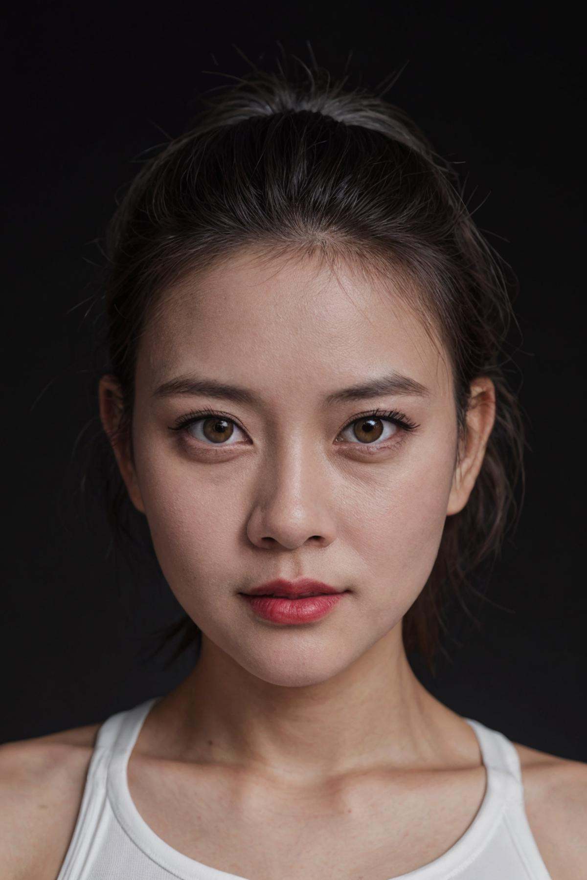 closeup Portrait photography. High Contrast. Fine facial details. (wearing white sports bra),  ,  Artful interplay of ligh...