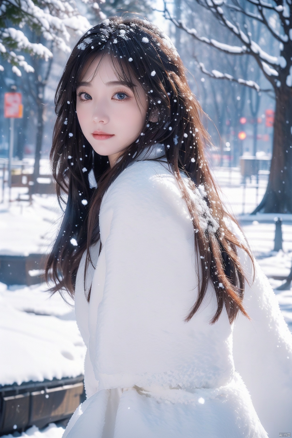 ((best qualtiy, 8K, tmasterpiece:1.3)), Focus:1.2, perfect figure beautiful woman:1.4, Cocked buttocks:1.2, ((long whitr hair)), (Wool cloak:1.1) , (Falling snow, street,stop,copse,snow cover:1.3),Lace aristocratic Lolita costume:1.1, Highly detailed facial and skin texture, A detailed eye, double eyelid,Whiten skin,ssmile,huge tit,Cinematic lighting,Detailed details,Real hair and skin,