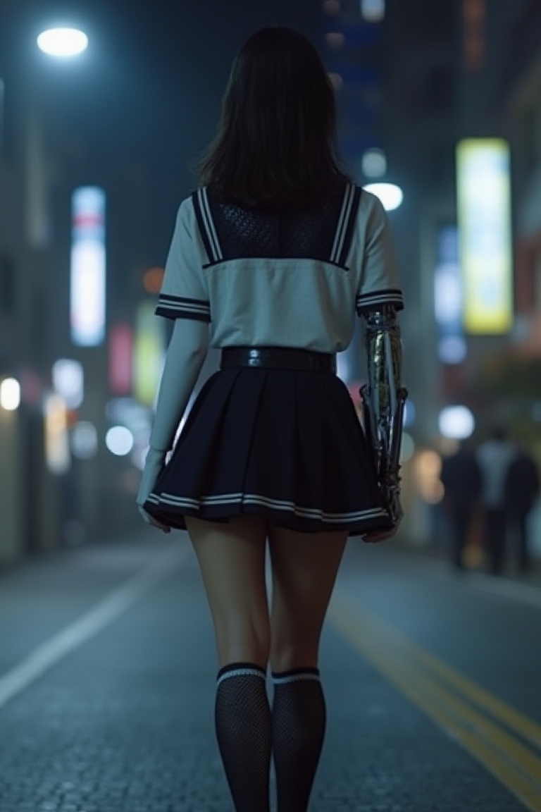 A beautiful Korean robot girl is wearing school uniform,  walking in night street,  exmachina on Tensor.Art