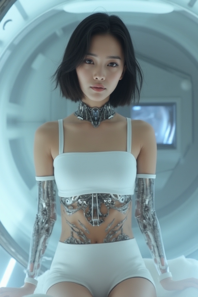 A beautiful Korean robot girl is wearing white tanktop and white microskirt,  sitting in test chamber,  exmachina on Tenso...
