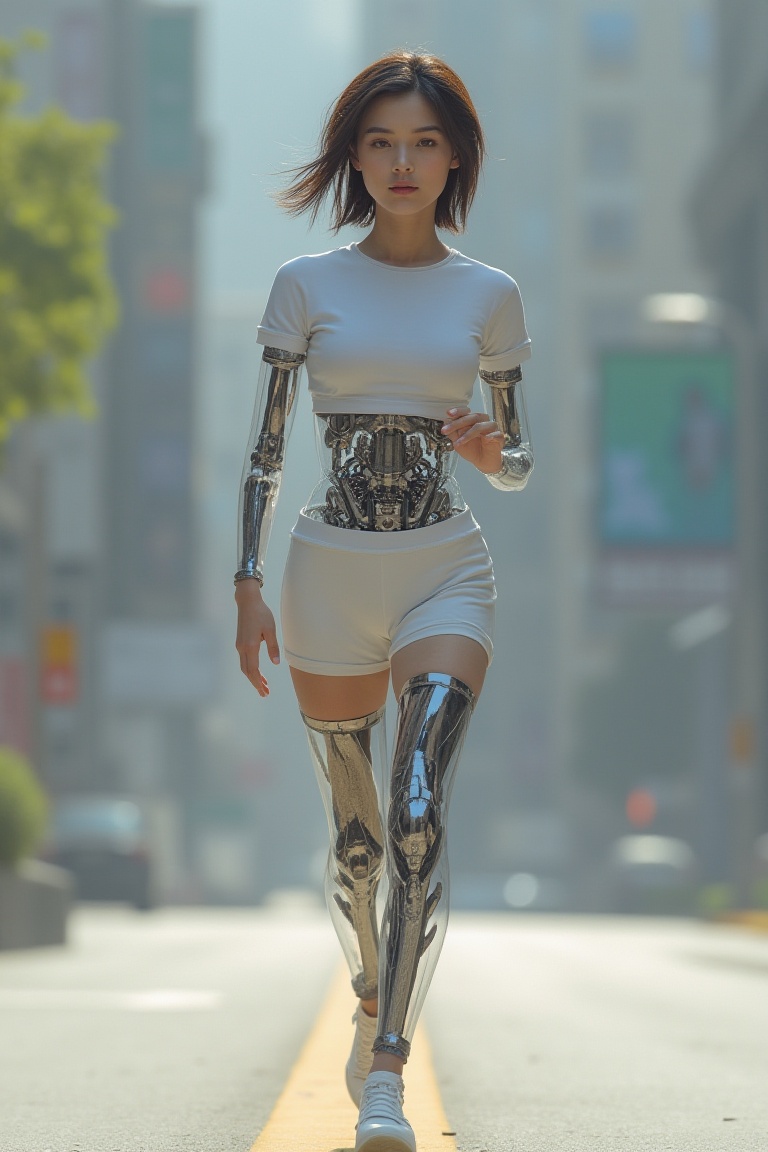 A beautiful Korean robot girl is wearing tshirts and miniskirt,  running in daylight street,  exmachina on Tensor.Art