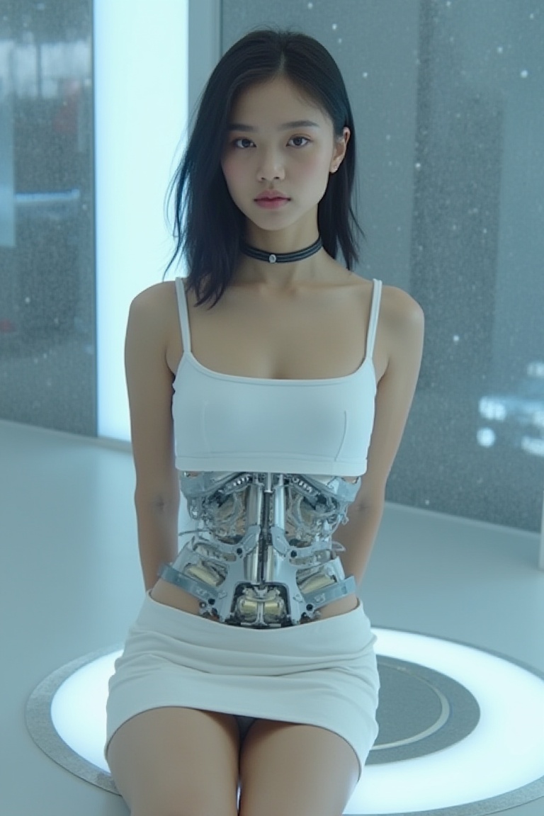 A beautiful Korean robot girl is wearing white tanktop and white microskirt,  sitting in test chamber,  exmachina on Tenso...