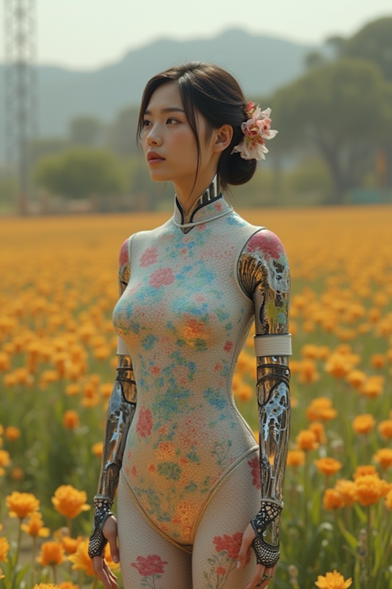 A beautiful Korean robot girl is wearing tight chinadress,  in a flower garden,  exmachina on Tensor.Art