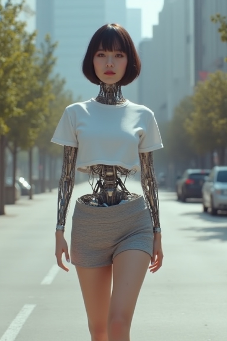 A beautiful Korean robot girl is wearing tshirts and miniskirt,  walking in daylight street,  exmachina on Tensor.Art