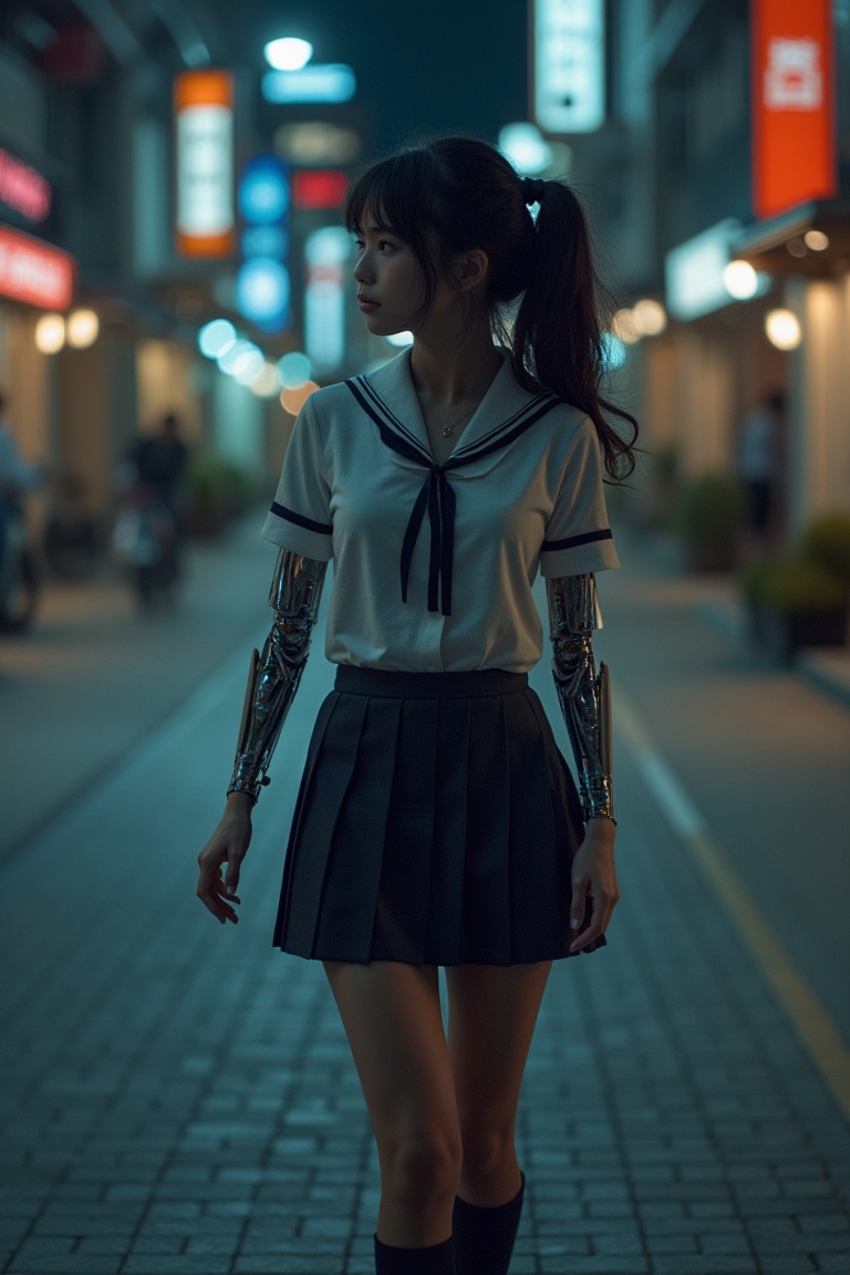 A beautiful Korean robot girl is wearing school uniform,  walking in night street,  exmachina on Tensor.Art