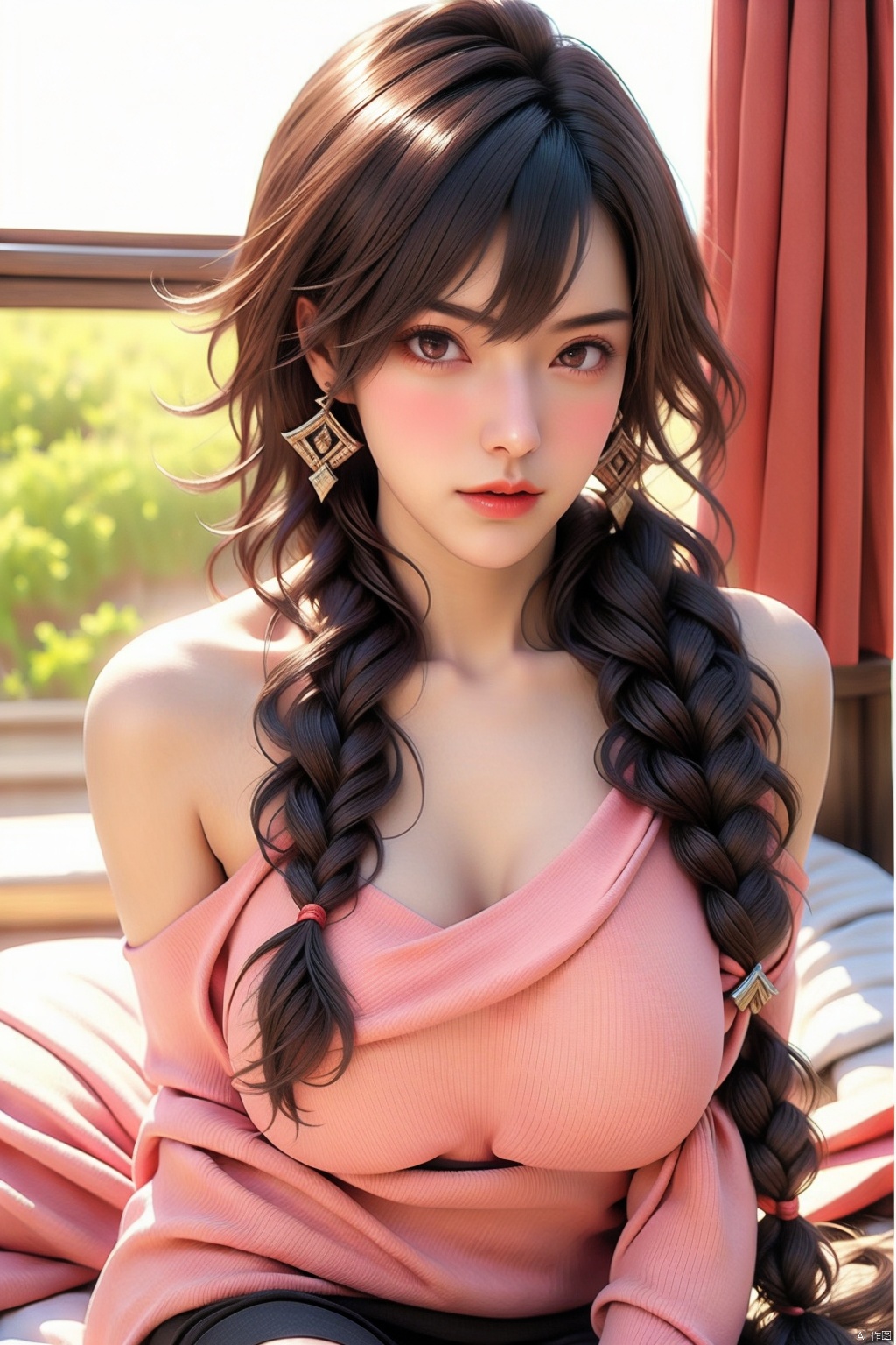 1girl, solo, long hair, breasts, looking at viewer, blush, smile, open mouth, bangs, skirt, large breasts, brown hair, hair ornament, bare shoulders, sitting, braid, pantyhose, sleeveless, hairclip, indoors, pink eyes, sweater, black pantyhose, single braid, bed, curtains, hair over shoulder, pencil skirt, mature female, television, monitor