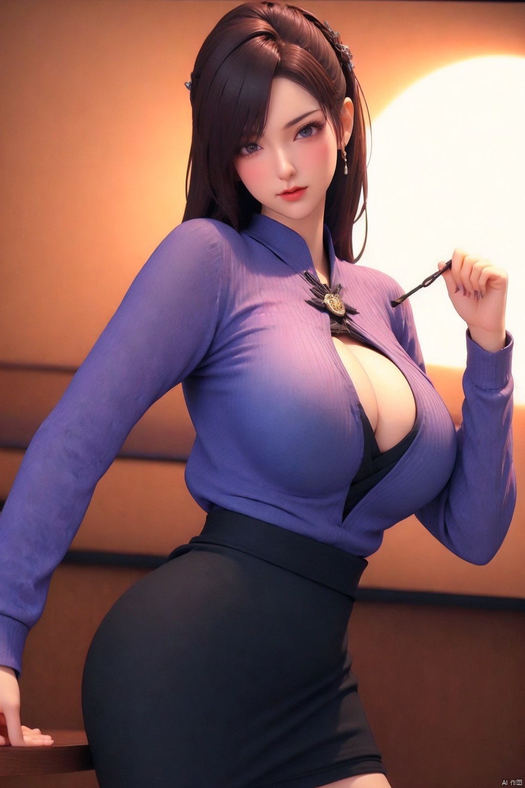 1girl solo breasts skirt large breasts cleavage jewelry sidelocks glasses bag sweater pencil skirt mature female handbag