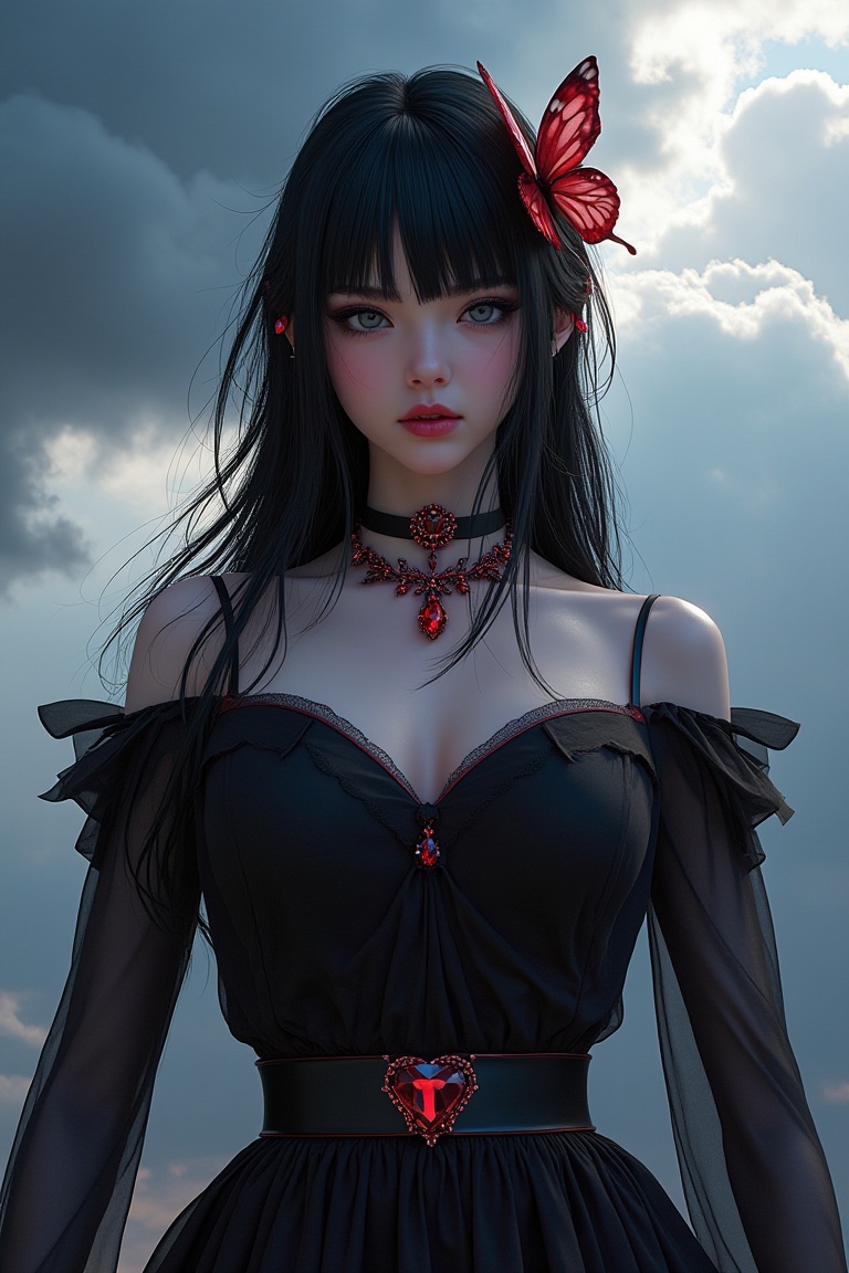 A stunning 8K resolution photograph capturing a mature girl with an expressionless face,  set in a dark fantasy realm with...