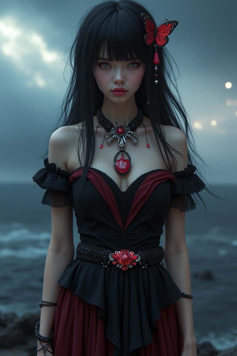 A stunning 8K resolution photograph capturing a mature girl with an expressionless face,  set in a dark fantasy realm with...