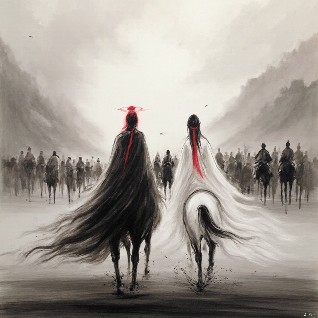 Wuxia a dramatic painting two figures in dark robes one of them is a figure with red hair the other is a woman both of them facing away one in white and one in black standing in a mountainous landscape one on a black horse one with a red scarf dark and moody atmosphere ethereal and mysterious., ink painting, a drawing of a couple riding horses in the desert with a man in a long black dress and a woman in a long white dress, long hair, ocean, halo, spot color, riding, multiple others, horse, horseback riding, holding, weapon, multiple boys, cloud, bird, cloudy sky, letterboxed, cloak, grey sky