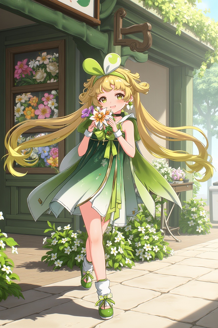 vrnwdf,  A young girl with blonde hair and green dress,  surrounded by vibrant flowers by REYA_012 on Tensor.Art