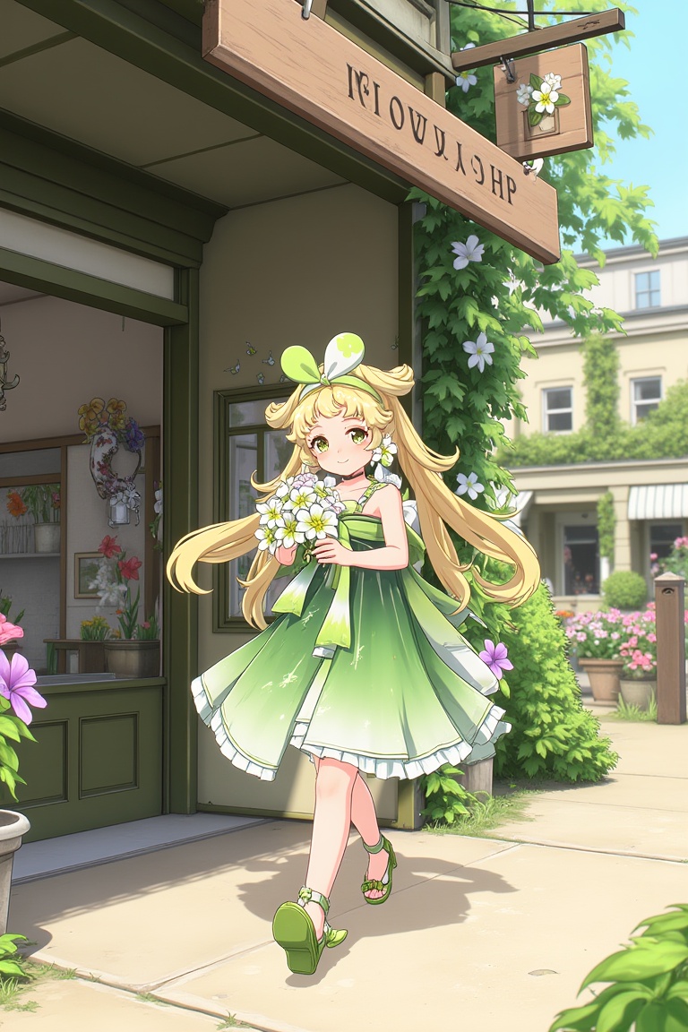 vrnwdf,  A young girl with blonde hair and green dress,  surrounded by vibrant flowers by REYA_012 on Tensor.Art