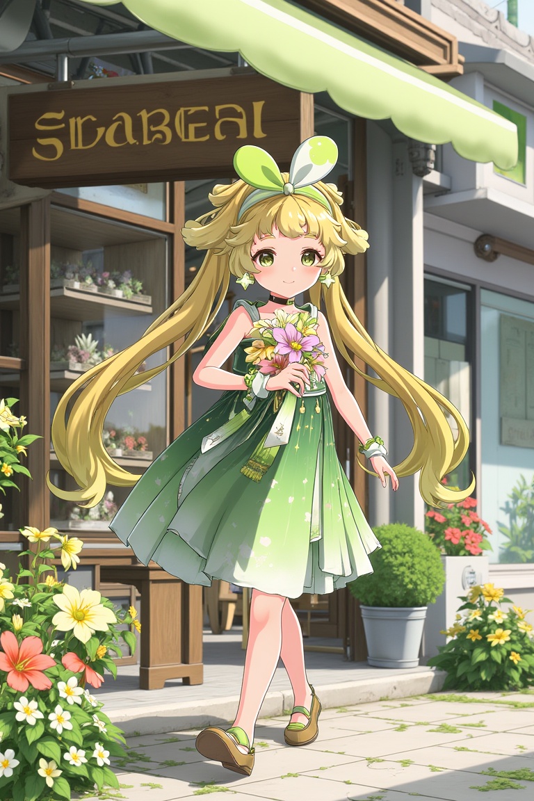 vrnwdf,  A young girl with blonde hair and green dress,  surrounded by vibrant flowers by REYA_012 on Tensor.Art