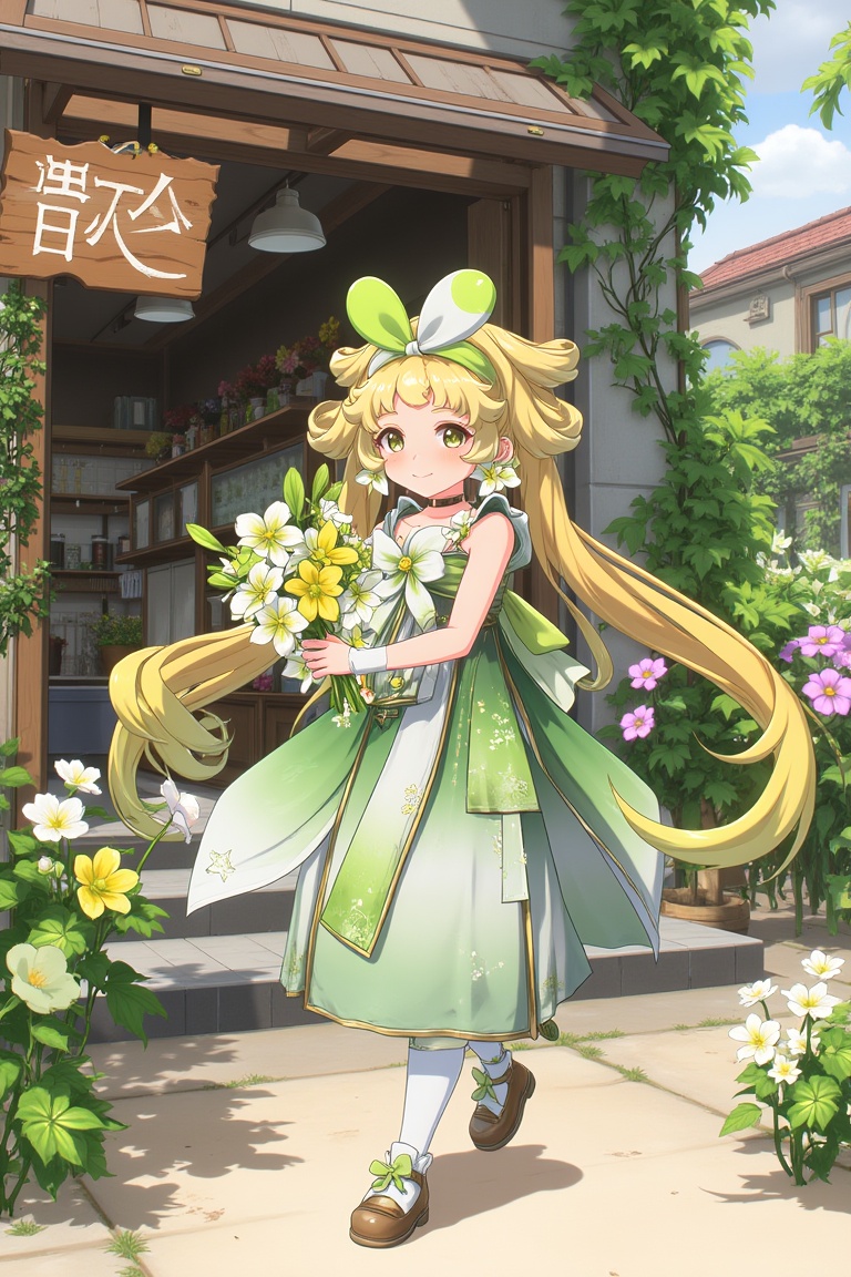 vrnwdf,  A young girl with blonde hair and green dress,  surrounded by vibrant flowers by REYA_012 on Tensor.Art
