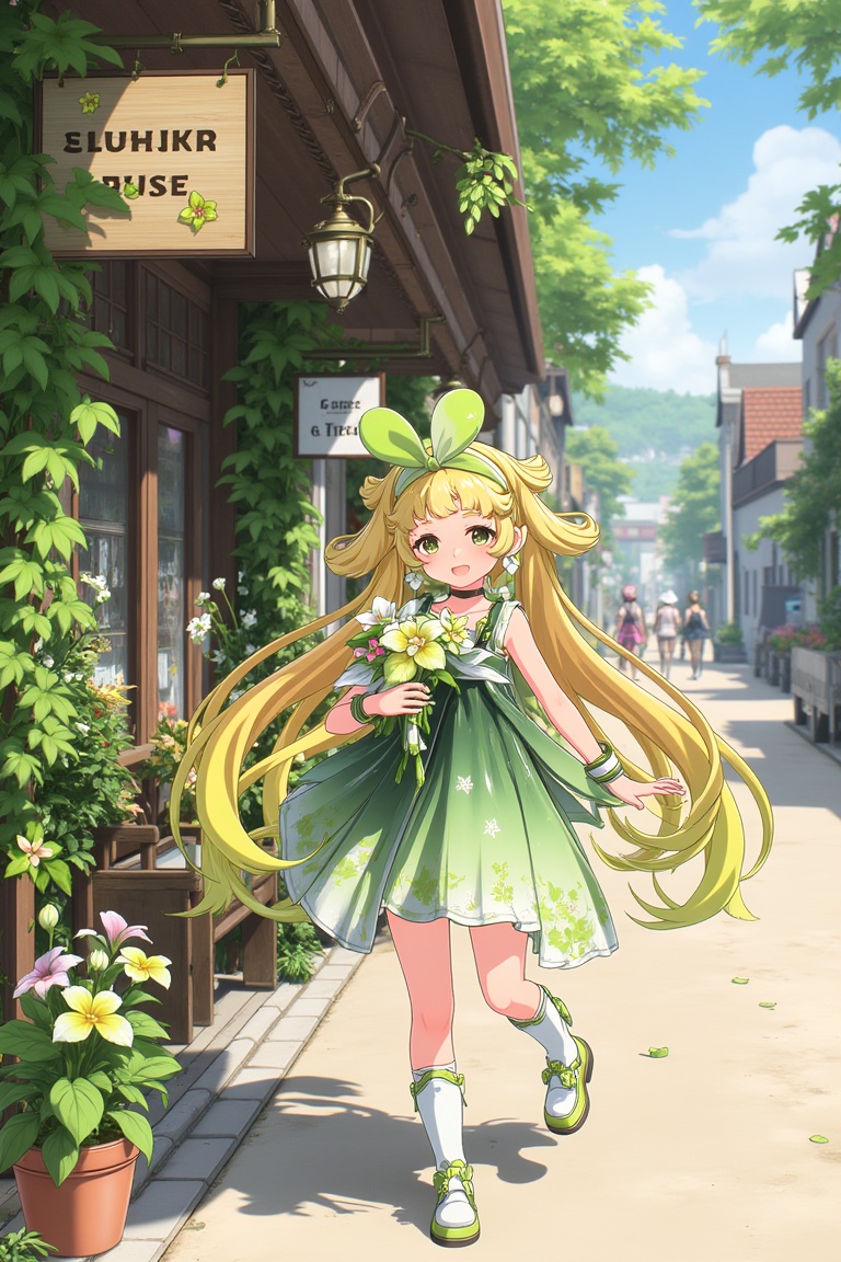 vrnwdf,  A young girl with blonde hair and green dress,  surrounded by vibrant flowers by REYA_012 on Tensor.Art