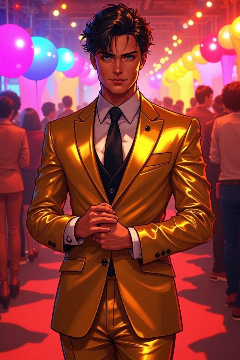 Handsome man wearing gold suit,  in party,  happy vibes on Tensor.Art