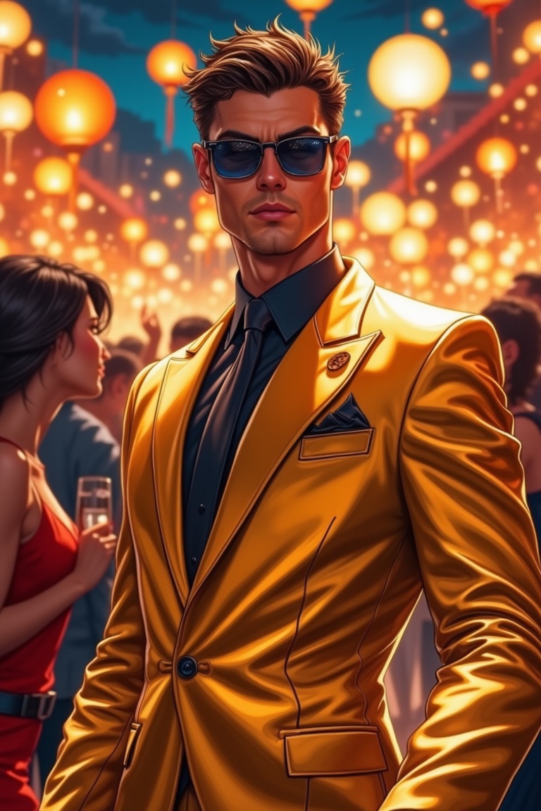 Handsome man wearing gold suit,  in party,  happy vibes on Tensor.Art